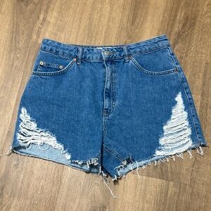 Topshop High-Rise Distressed Denim Shorts - Blue Size US 10